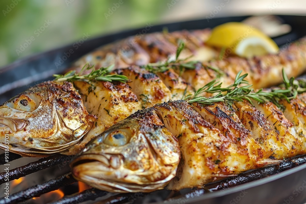 A couple of fish are being grilled with lemon and herbs. The fish are on a grill and the lemon slices are on top of them A couple of fish are being grilled with lemon and herbs. The fish are on a grill and the lemon slices are on top of them