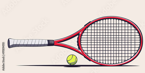 A tennis racket and ball set against a plain background, minimalist style, straightforward 2D vector illustration