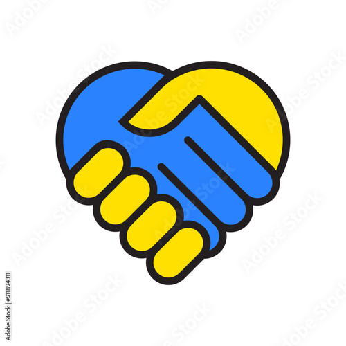 Colorful handshake heart. Unity symbol vector. Blue and yellow. Love and support.