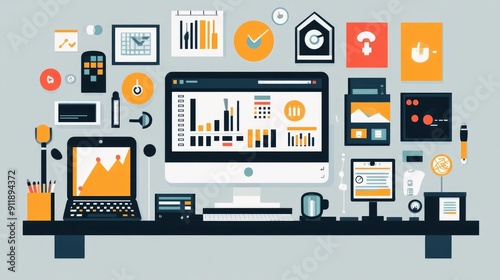 Flat design depicting a workspace with various software development and project management tools including a computer monitor dashboard graphs and other digital technologies used for organization