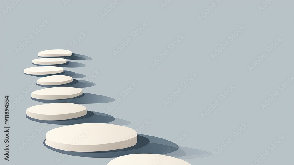 Fototapeta premium A simple path with evenly spaced stepping stones, minimalist 2D vector, clean lines, neutral tones, plain background