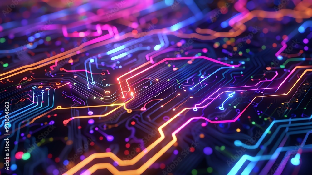 Abstract Neon Circuit Board with Glowing Lines and Connections Technology Background Abstract Neon Circuit Board with Glowing Lines and Connections Technology Background