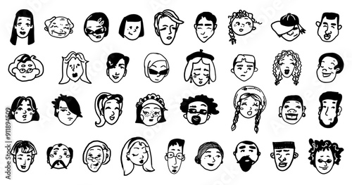 Different men and women portraits. Trendy stylish people avatar, icon, logo. Diverse contemporary cartoon faces set. Outline abstract cute sketch hand drawn collection. Isolated vector illustration