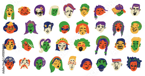 Diverse men and women portraits set. Trendy stylish people avatar. Different age, race, hairstyles, emotions. Contemporary cartoon faces. Abstract hand drawn collection. Isolated vector illustration