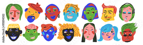 Diverse men and women portraits set. Trendy stylish people avatar. Different age, race, hairstyles, emotions. Contemporary cartoon faces. Abstract hand drawn collection. Isolated vector illustration