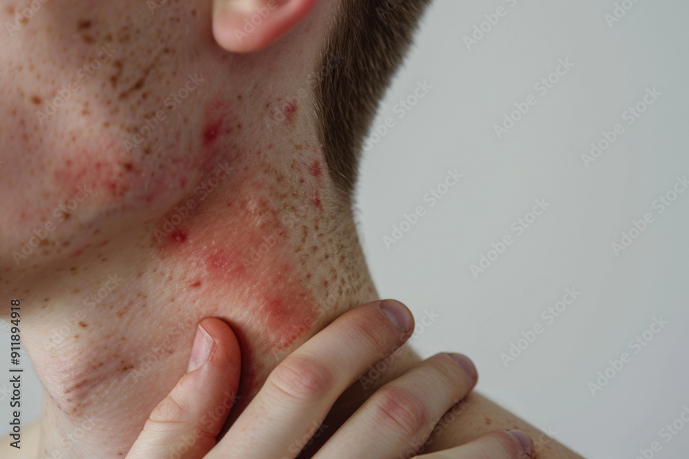 Fototapeta premium Personal struggle - showing allergy, illustrating the visible effects of allergies on a person’s appearance, emphasizing journey to identify triggers, manage symptoms, achieve comfort and well - being