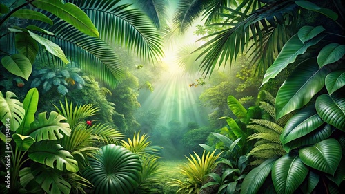 Fototapeta Naklejka Na Ścianę i Meble -  Lush green tropical jungle background with vibrant foliage and wildlife, tropical, jungle, green, exotic, nature, background