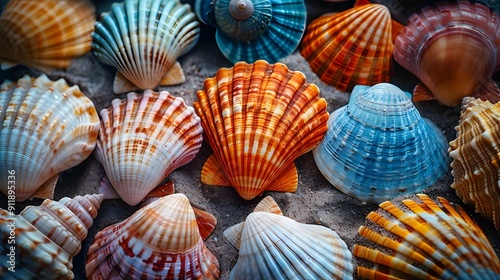 A collection of colorful shells on a beach