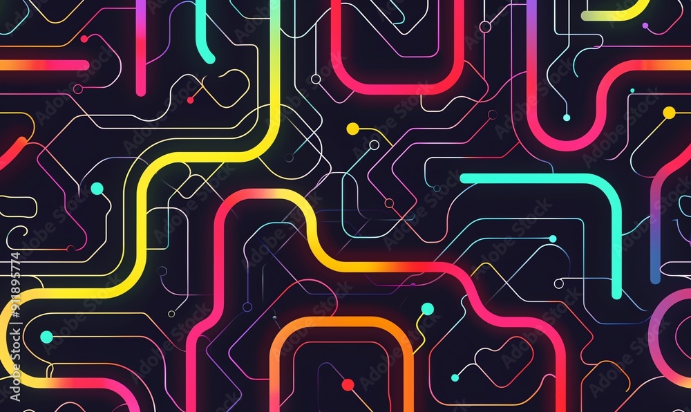 Abstract Neon Lines and Dots Pattern on Dark Background Modern Digital Art Abstract Neon Lines and Dots Pattern on Dark Background Modern Digital Art