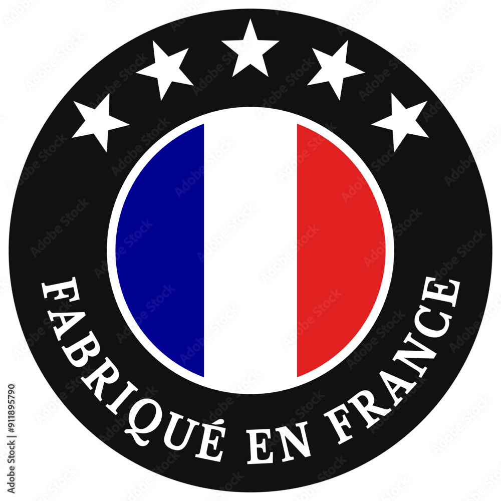 Fabriqué en France, badge, autocollant ou icône symbolisant la qualité du made in France avec les couleurs du drapeau français. Texte et étoiles blancs. Fichier svg pour le web
