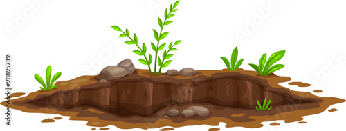 Ground hole, deep dirty pit and burrow in soil or mud surface. Isolated cartoon vector land excavation or cavity, muddy crevice. Environmental natural gap on the lawn, meadow, farm, forest or garden