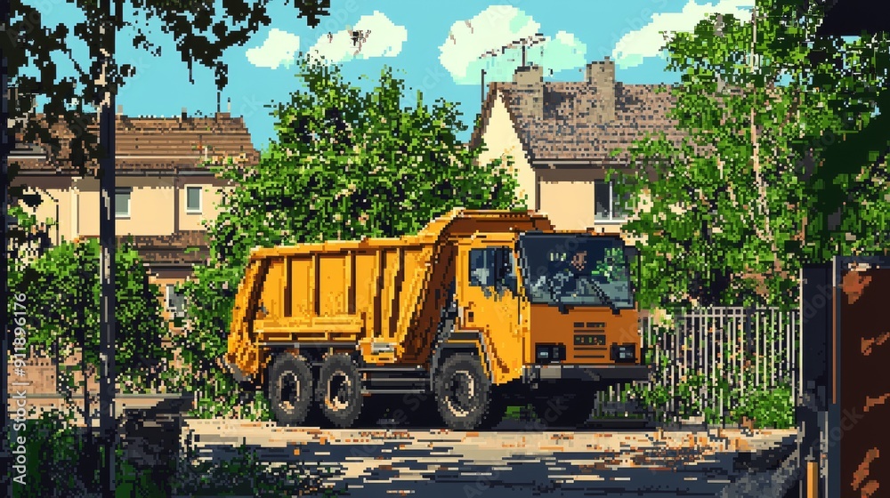 An 8-bit pixel art garbage collector operating a garbage truck in a residential urban area An 8-bit pixel art garbage collector operating a garbage truck in a residential urban area