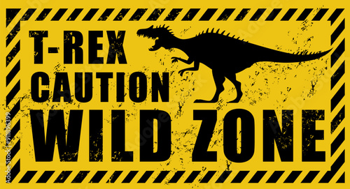Grunge t-rex dinosaur warning sign. Danger tyrannosaurus rex dino animal vector silhouette warning signboard, stay away or beware sticker. Roaring prehistoric dinosaur caution zone sign, striped frame