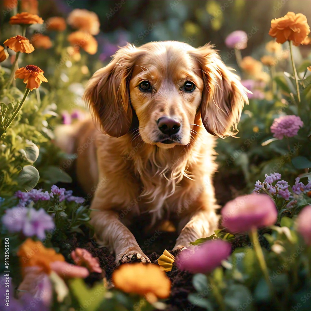 A full-body shot of a dog digging in a flower garden, surrounded by blooming flowers and lush greenery, in the early morning light, shot with a Nikon Z7 II, 50mm f/1.4 lens, pastel tones. A full-body shot of a dog digging in a flower garden, surrounded by blooming flowers and lush greenery, in the early morning light, shot with a Nikon Z7 II, 50mm f/1.4 lens, pastel tones.