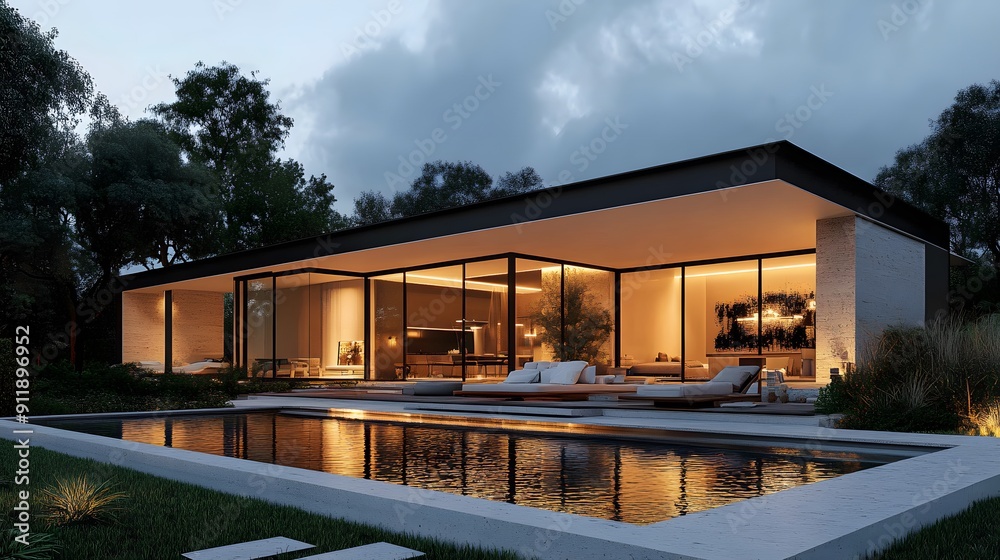 Modern Oasis. Contemporary luxury house with evening ambiance and glowing pool Modern Oasis. Contemporary luxury house with evening ambiance and glowing pool