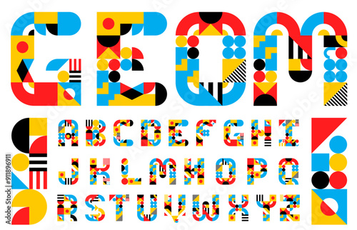Abstract geometric modern type, alphabet letters and numbers typeface vector typography of color triangle, circle and square shapes. English abc uppercase characters with retro geometric blocks, lines