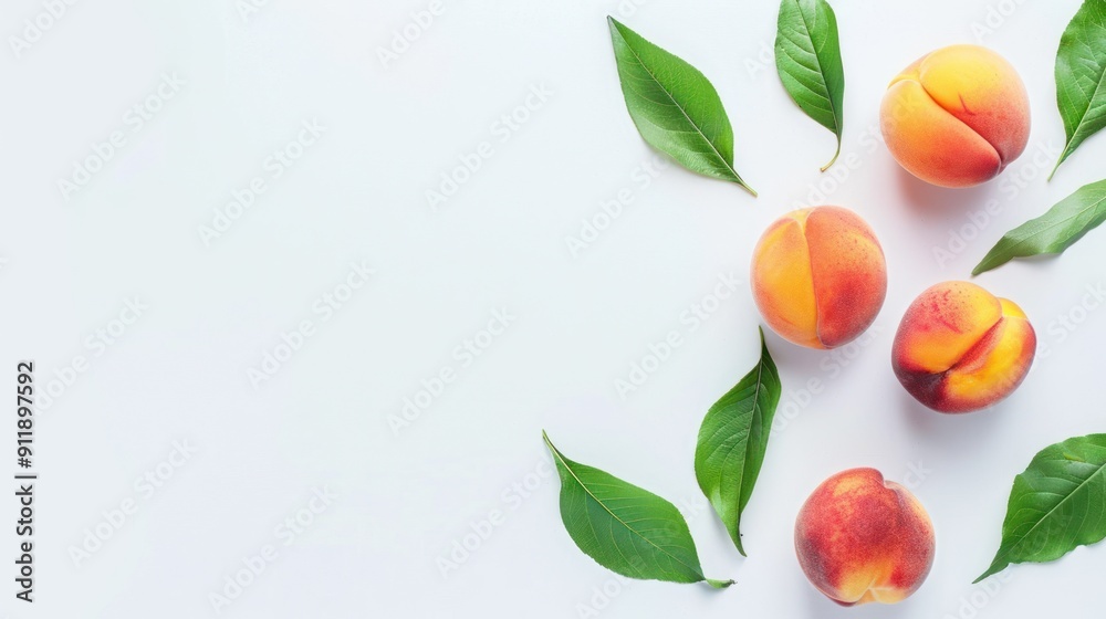 Fresh peaches with green leaves on white background. Fresh peaches with green leaves on white background.