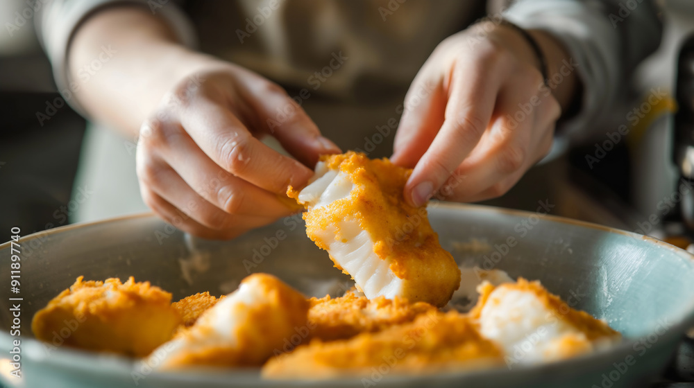 Close-up of hands dipping fish fillets into a bowl of batter, preparing them for frying. Close-up of hands dipping fish fillets into a bowl of batter, preparing them for frying.
