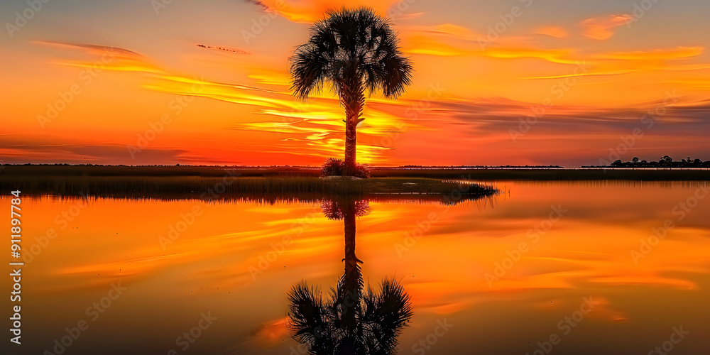 Fototapeta premium Vibrant orange hues illuminate the serene silhouette of a majestic palm tree against a tranquil Florida lake at sunset, reflecting nature's peaceful ambiance.