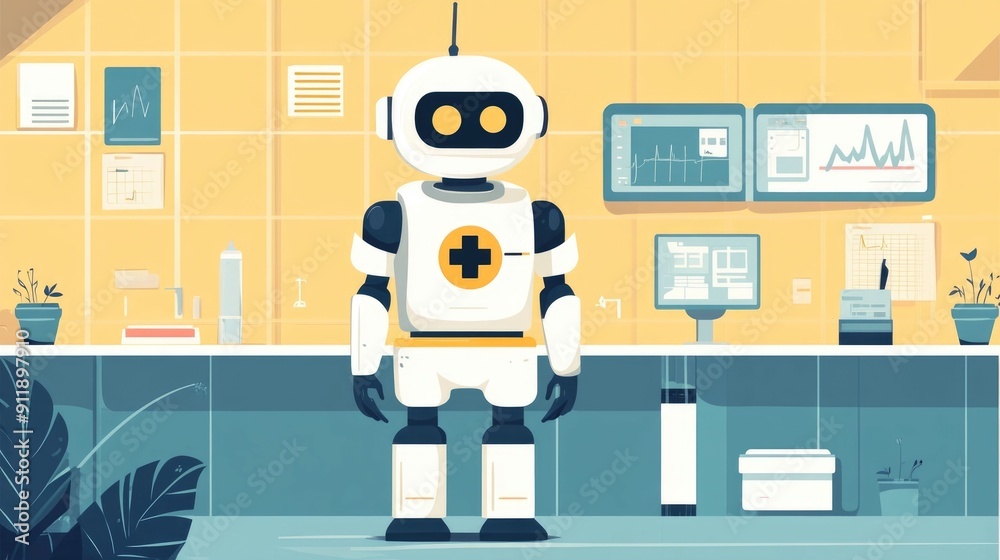 Fototapeta premium Robotic Nurse Provides Seamless and Advanced Healthcare Services in a Cutting Edge Medical Clinic Enhancing Patient Care and Efficiency