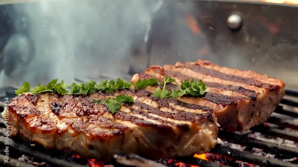 Juicy Steak Roasting Over Charcoal Fire With Spices and Herbs Generative AI Juicy Steak Roasting Over Charcoal Fire With Spices and Herbs Generative AI