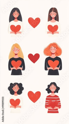 Set of different women with hearts in their hands. 8 march. Happy women's day card concept. Cute happy women with smiles