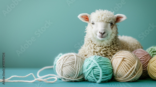 White sheep with knitting yarn balls on a light green backdrop