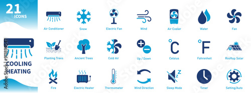 Cooling and heating icons. Set of solid icons themed air conditioner, fan, wind, electric heater, fire, thermometer