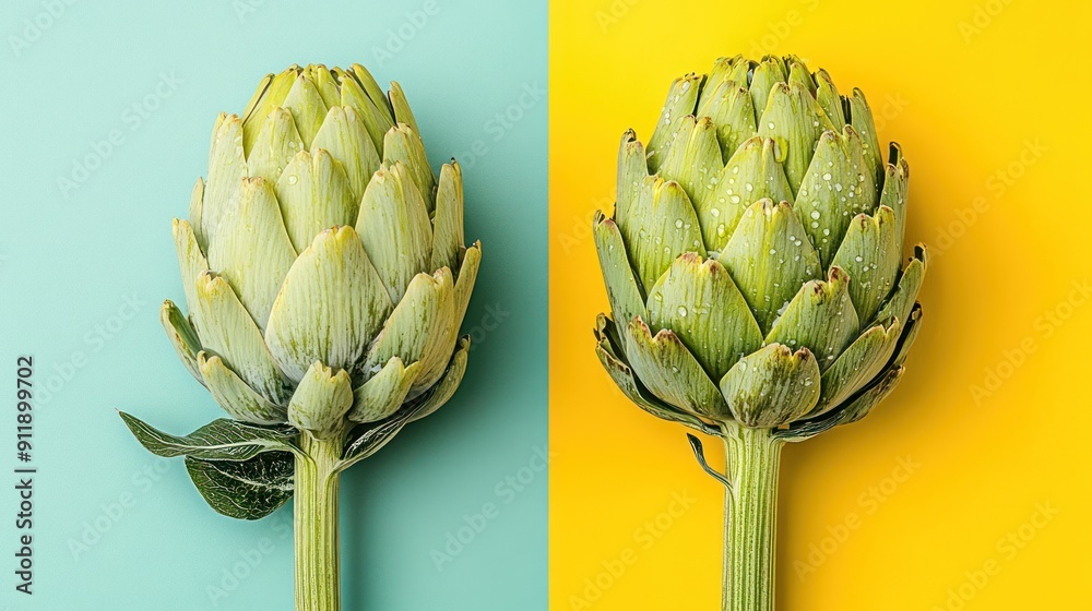 Fototapeta premium Two artichokes on a blue and yellow background.