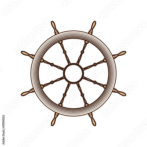 Wooden vintage steering wheels. Ship, sailboat or yacht retro wheel symbol. Nautical rudder icon. Marine logotype design element. Vector illustration