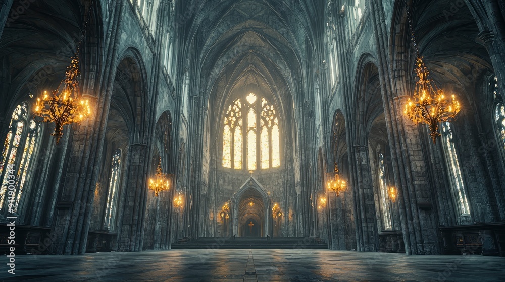 Fototapeta premium Gothic Revival Church, pointed arches and ribbed vaults, interior lighting