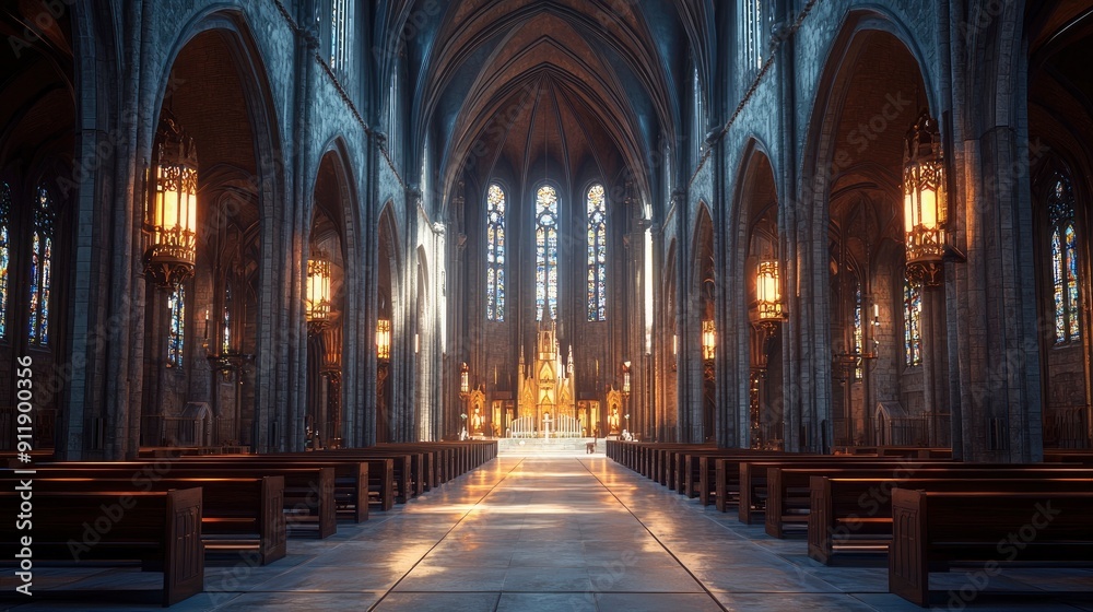 Obraz premium Gothic Revival Church, pointed arches and ribbed vaults, interior lighting