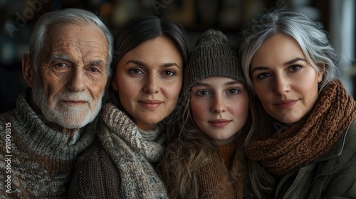 Family Photo, relatives posing and smiling, natural lighting