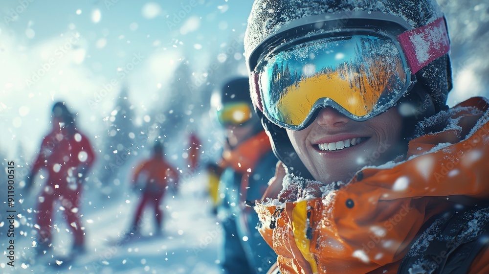 Ski Trip, skiers laughing on the slopes, bright winter lighting Ski Trip, skiers laughing on the slopes, bright winter lighting
