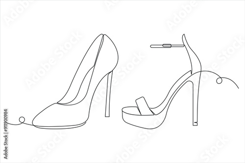 Continuous single one line drawing of woman high heeled beautiful fashion shoes vector illustration.