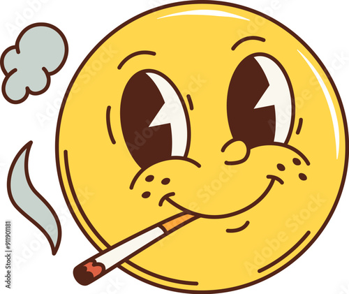 Cartoon retro groovy smoking smile face. Hippie y2k symbol of yellow emoji with a relaxed expression, smokes a cigarette with swirls around. Isolated vector character enjoying marihuana or nicotine