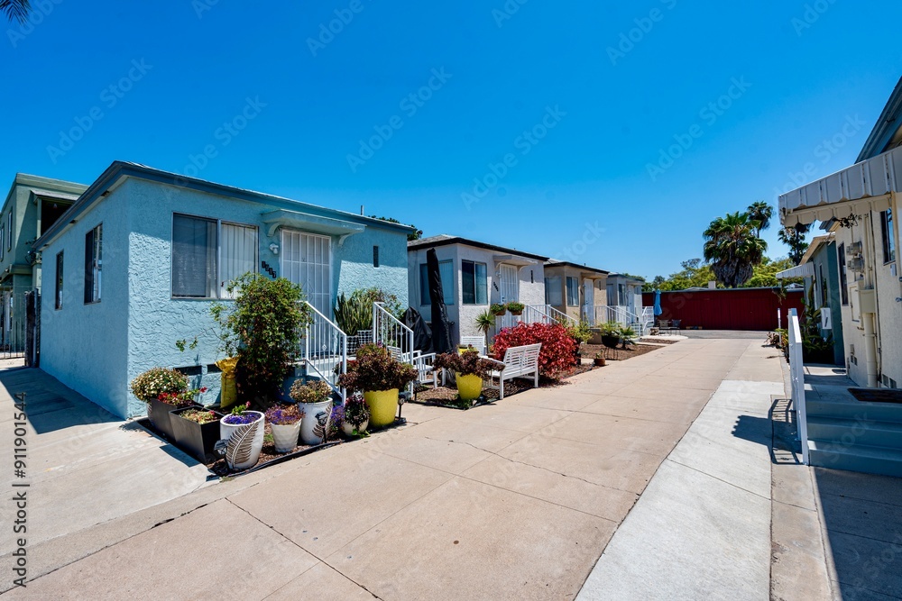 A row of small colorful homes in San Diego, CA