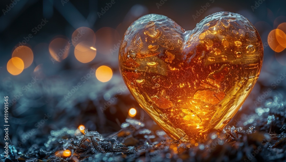 A glass heart glowing with warm light, resting on a dark, textured surface.