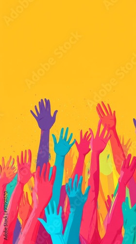 Thank You Volunteers banner. Raised hands. Volunteering, teamwork concert