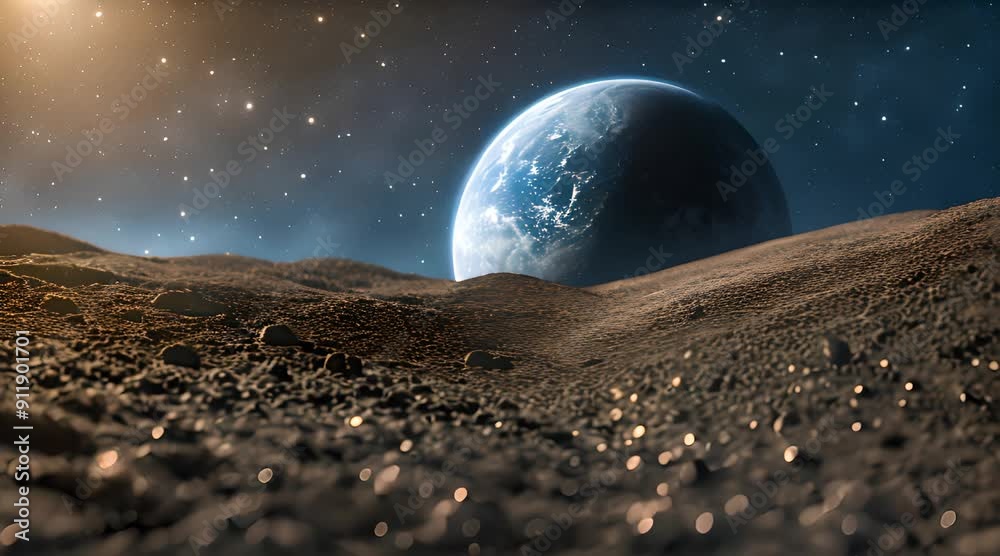 Earth in a starry sky, surrounded by shining moon dust