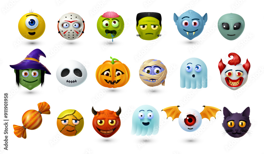 Halloween emoji set, cartoon scary characters. October horror holiday, Halloween season spooky characters vector smartphone emoji with zombie, vampire, alien and witch, pumpkin, ghost, clown and devil Halloween emoji set, cartoon scary characters. October horror holiday, Halloween season spooky characters vector smartphone emoji with zombie, vampire, alien and witch, pumpkin, ghost, clown and devil