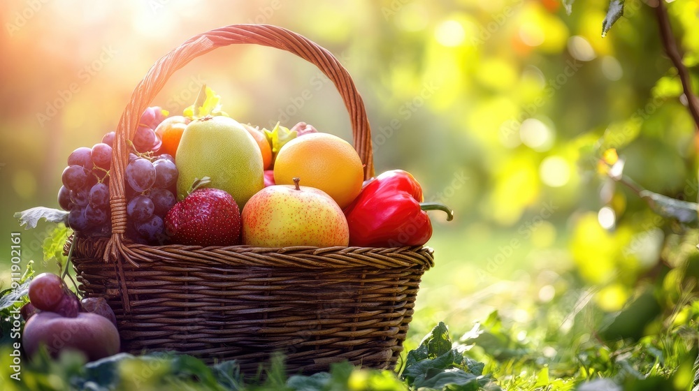 Freshly picked fruits and vegetables in a wicker basket, placed in a sunny garden setting, emphasizing their natural beauty. Freshly picked fruits and vegetables in a wicker basket, placed in a sunny garden setting, emphasizing their natural beauty.