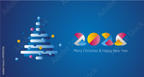 Merry Christmas and Happy New Year 2025 modern colorful design with abstract Christmas tree blue greeting card