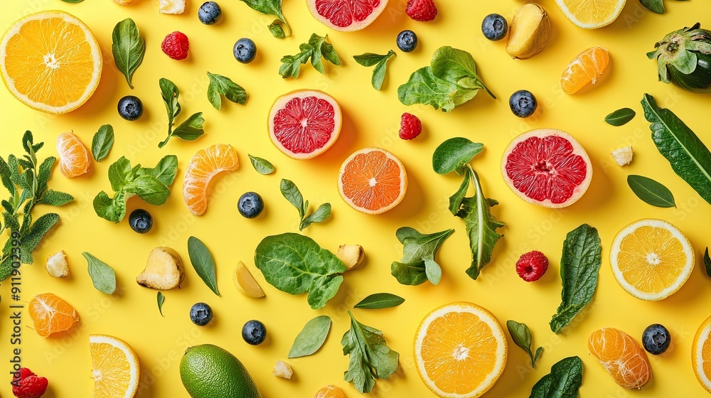 A colorful flat lay of various fruits and vegetables, including berries, citrus, and greens, on a bright yellow background. A colorful flat lay of various fruits and vegetables, including berries, citrus, and greens, on a bright yellow background.