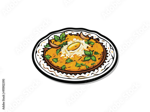 A plate of biryani with a fried egg on top, garnished with cilantro and a garlic clove.