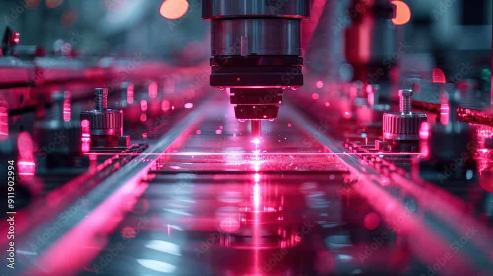 Close-up of an automated production line with a robotic arm working on a circuit board. Close-up of an automated production line with a robotic arm working on a circuit board.