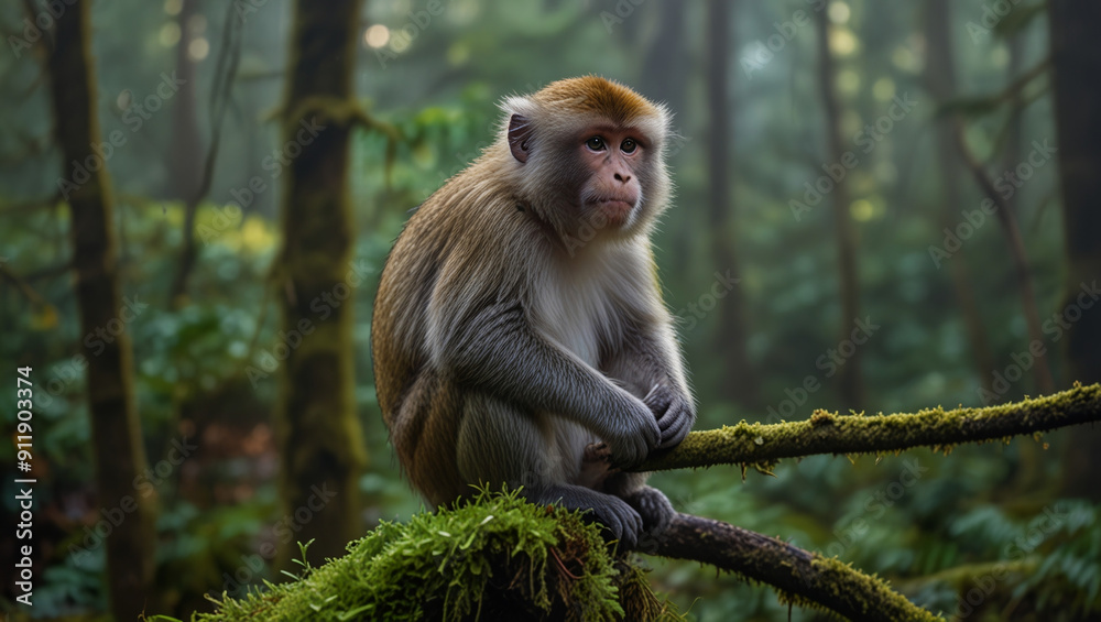 a monkey is sitting on a mossy tree in the morning a monkey is sitting on a mossy tree in the morning