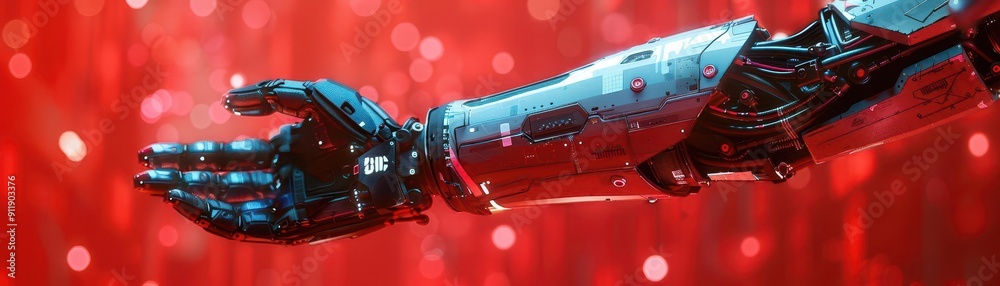Naklejka premium Arms with tech shimmer in cyberpunk setting, side view, highlighting hightech digital art, advanced tone, Analogous color scheme