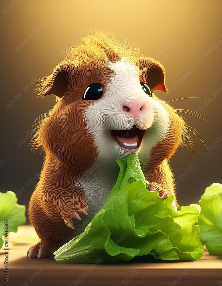 A fluffy brown and white guinea pig happily munches on a big piece of lettuce A fluffy brown and white guinea pig happily munches on a big piece of lettuce