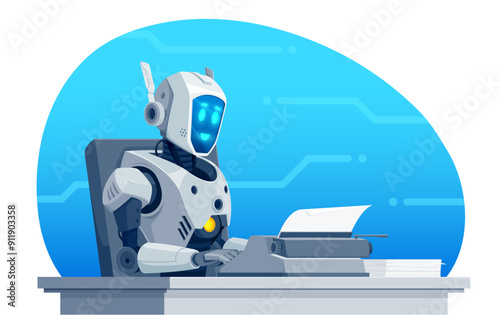 Robot writer, vector AI artificial intelligence. Cartoon modern humanoid robot or bot character typing text on vintage typewriter. Happy smiling AI bot book writer, text editor or journalist at work